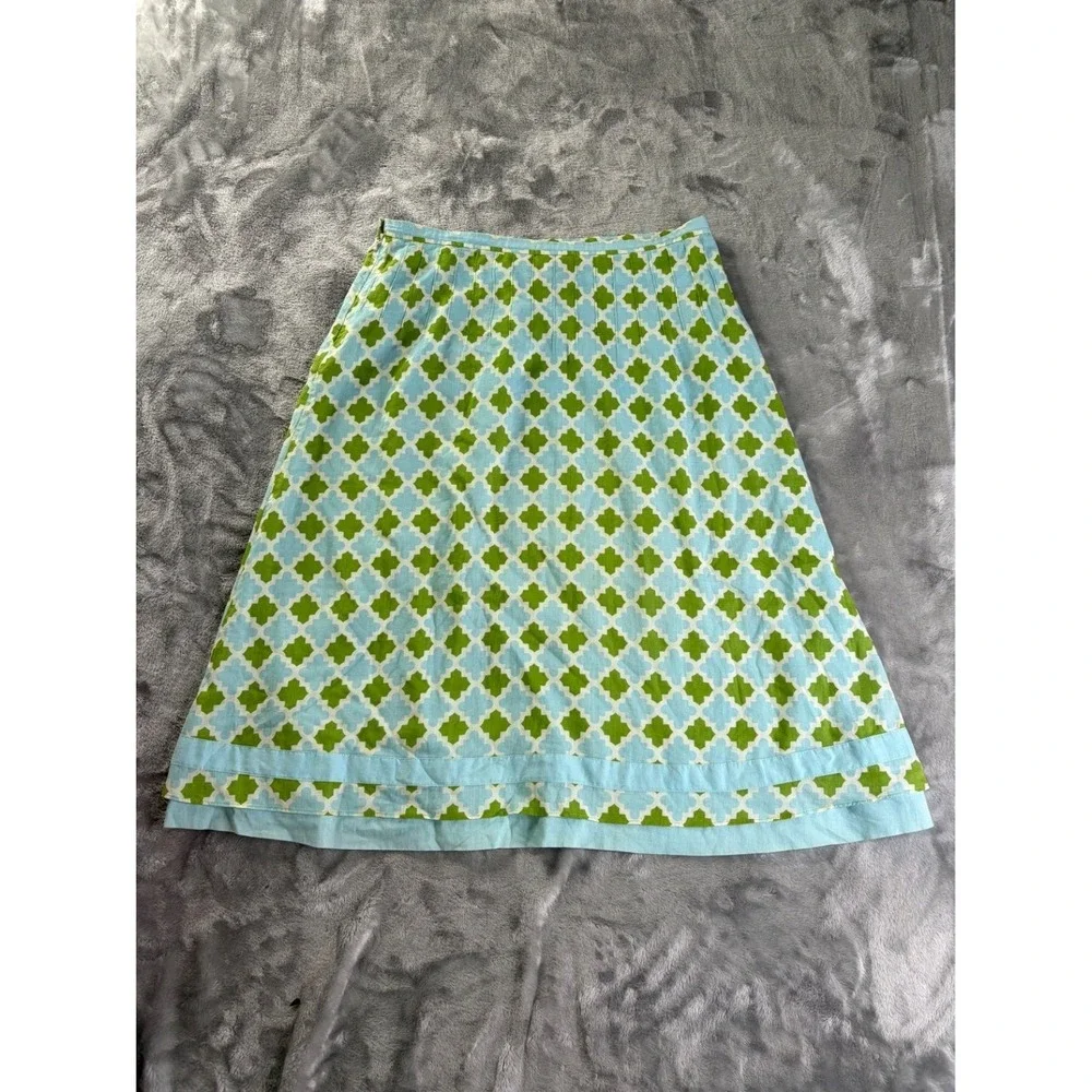 Tory Burch Blue Green Geometric Quatrefoil Cotton A-Line Skirt Womens Size 0